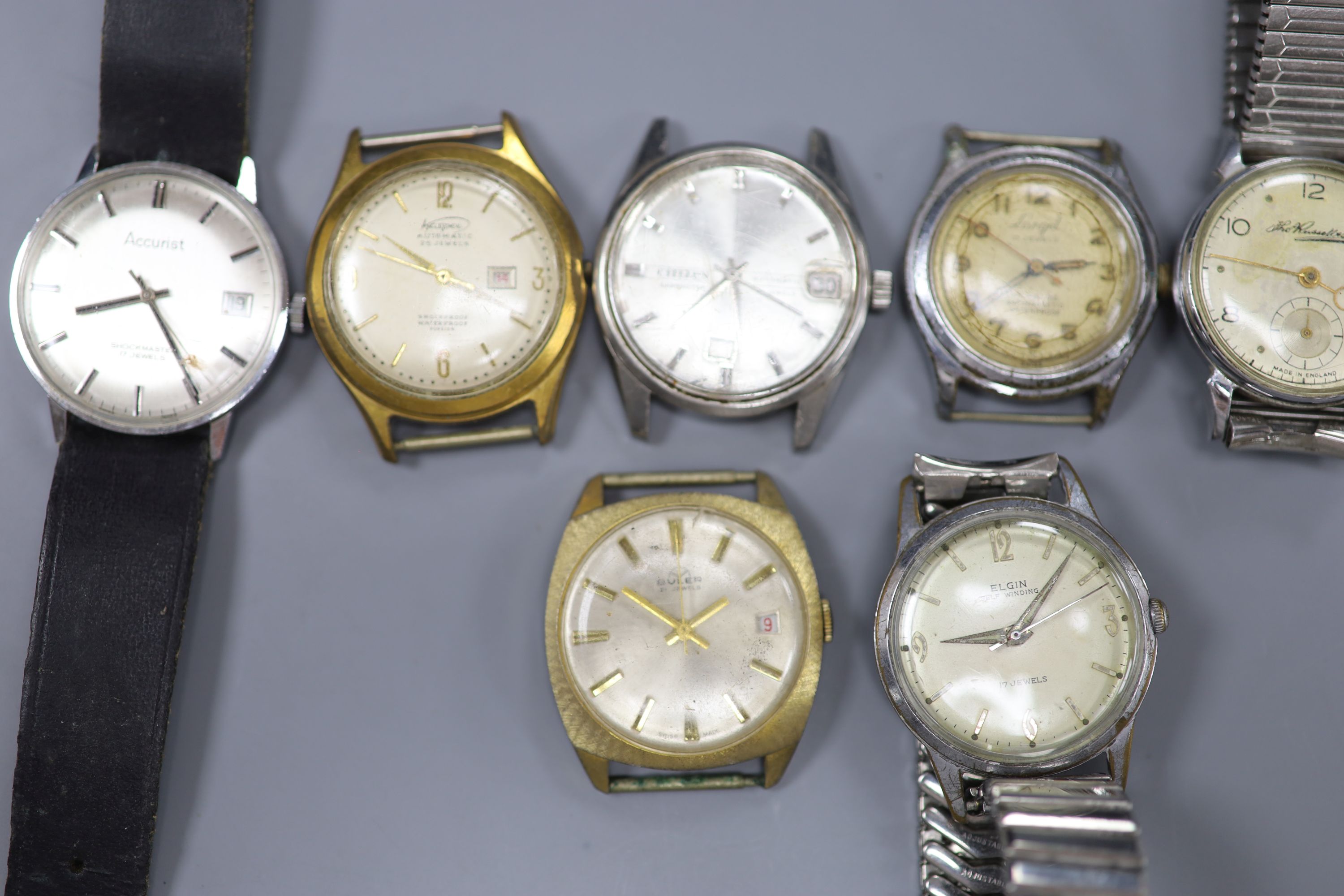 Eight assorted gentlemans wrist watches including Buler, Elgin & Rotary.